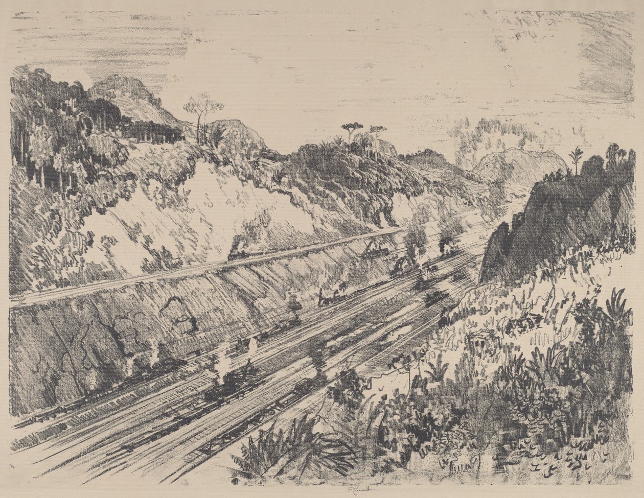 Tittar upp snittet från Bas Obispo, 1912. av Joseph Pennell