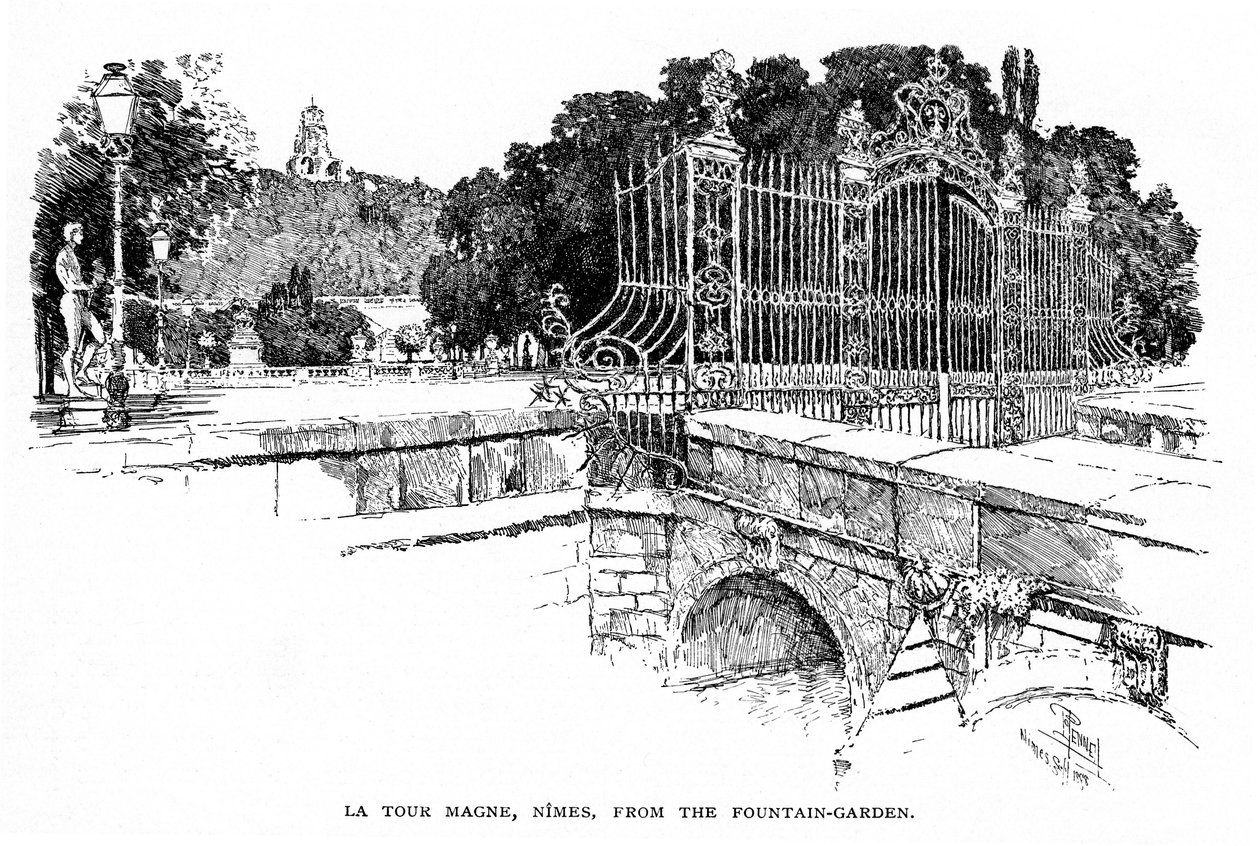 Nimes (Gard, Languedoc): Magne-tornet sett från Fontaine-trädgården 1888(gravyr) av Joseph Pennell