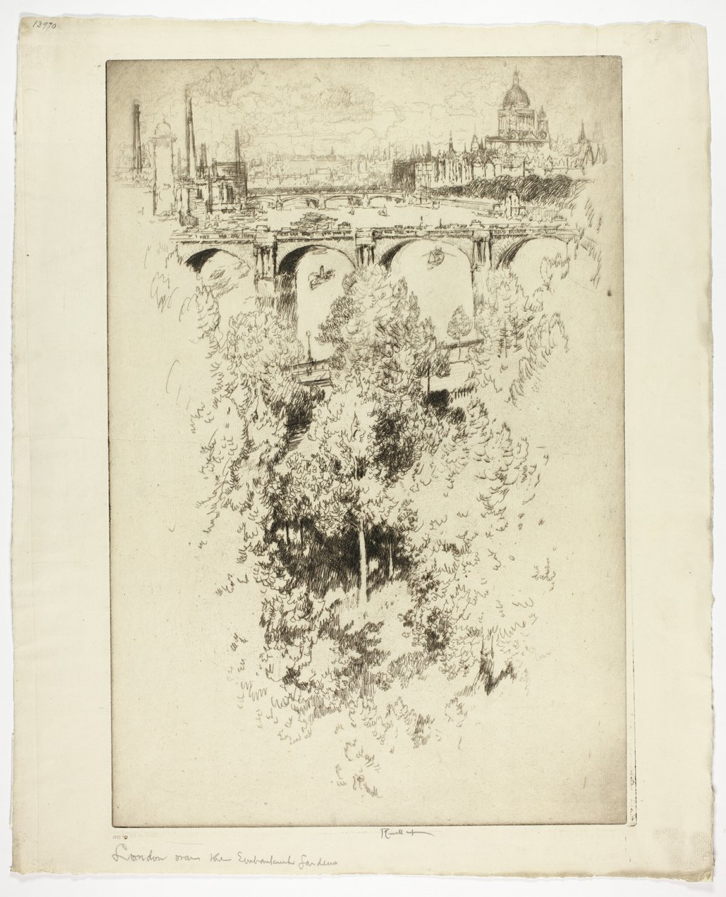 Över Waterloo Bridge, kyrka och arbete av Joseph Pennell