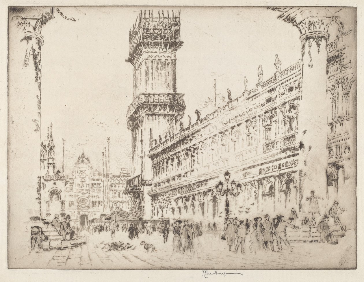 Återuppbyggnad av Campanile, Venedig, No.II av Joseph Pennell