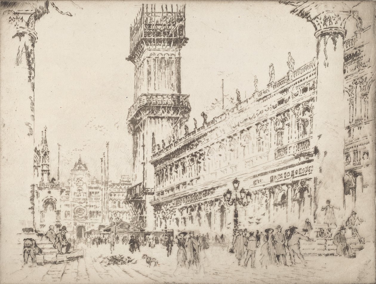 Återuppbyggnad av Campanile, Venedig, No.II, 1911. av Joseph Pennell