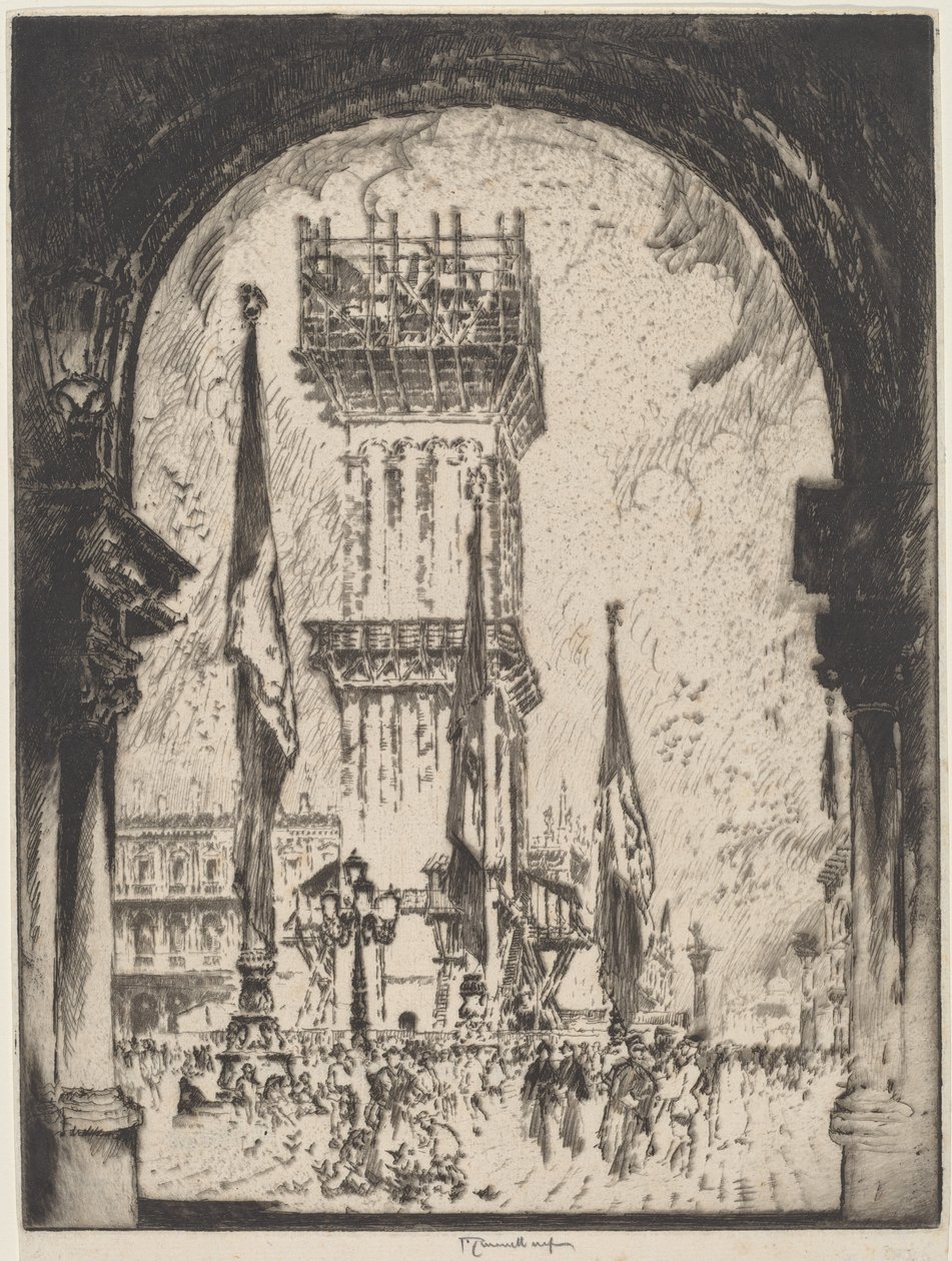 Återuppbyggnad av Campanile, Venedig, No.I av Joseph Pennell