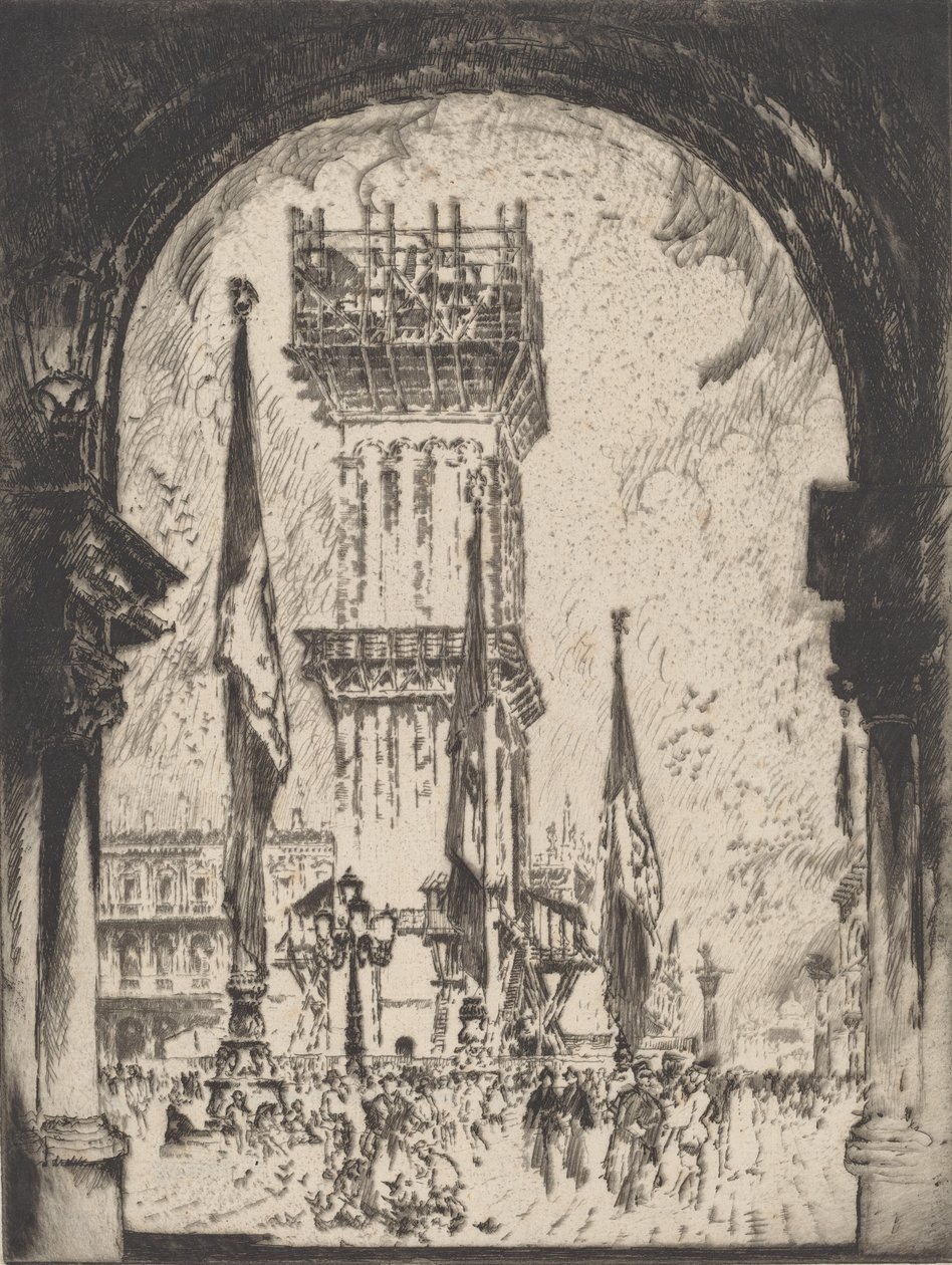 Återuppbyggnad av Campanile, Venedig, No.I, 1911. av Joseph Pennell