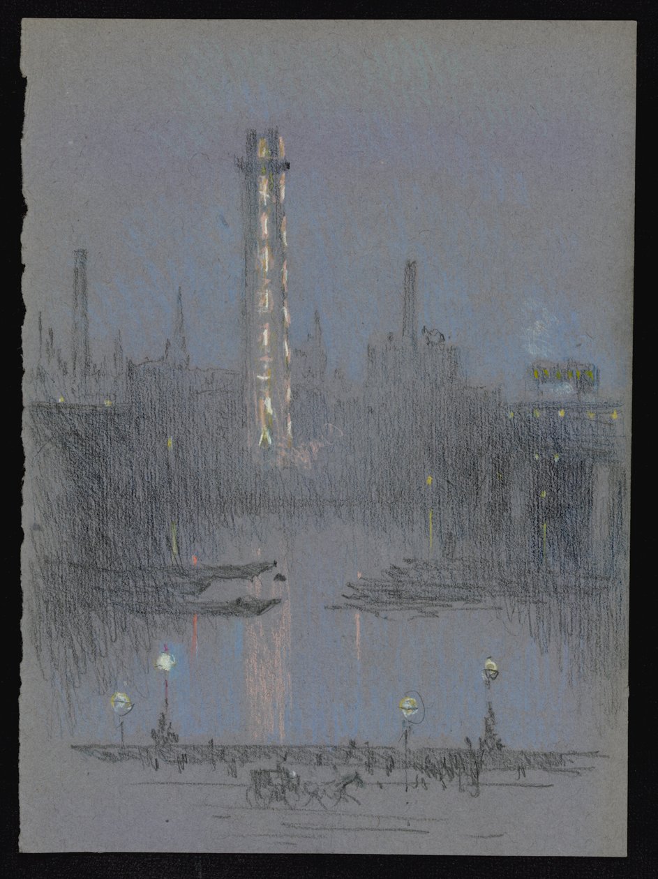 Shot Tower med nattljus, från Embankment av Joseph Pennell