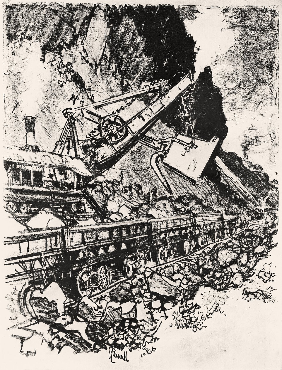 Steam Shovel Work: Culebra Cut, tallrik XIV från Panamakanalen av Joseph Pennell, 1912 (kol på papper) av Joseph Pennell