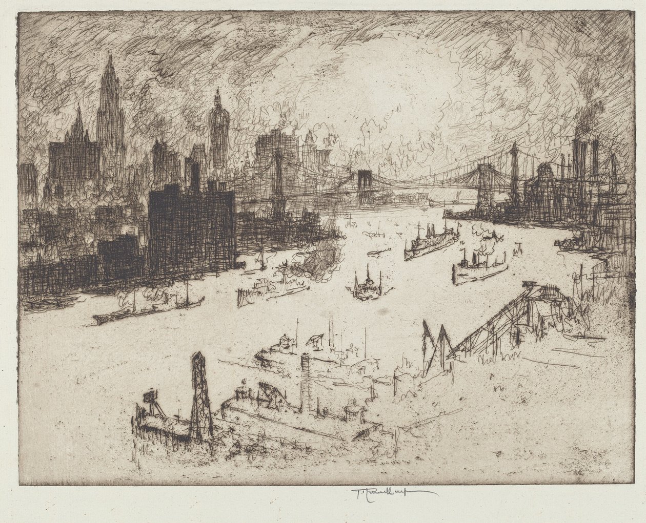 Solnedgång, från Williamsburg Bridge av Joseph Pennell
