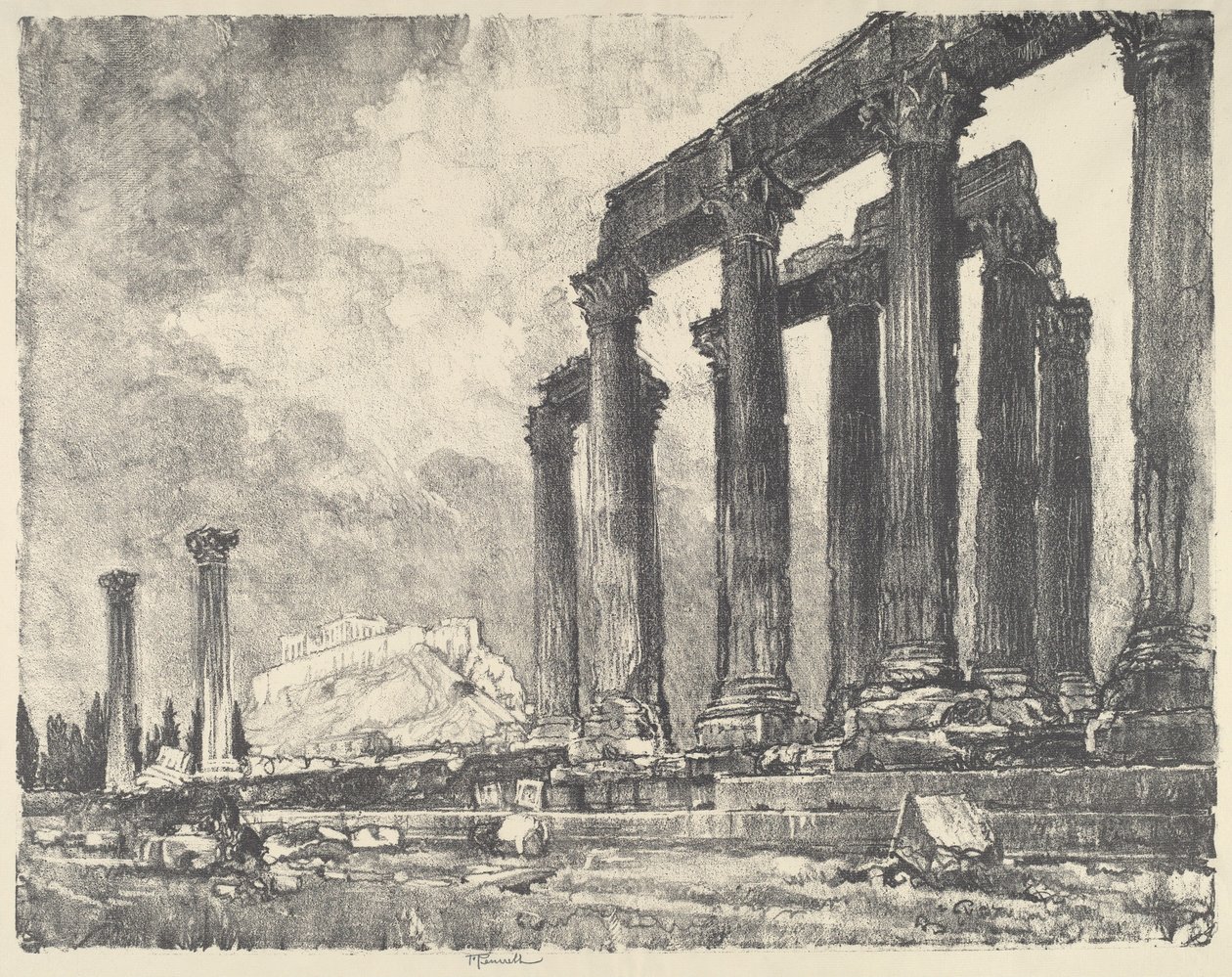 Akropolis från Jupitertemplet, Aten, 1913. av Joseph Pennell