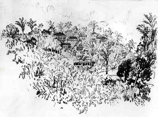 The American Village, skylt X från Panamakanalen av Joseph Pennell, 1912 (kol på papper) av Joseph Pennell