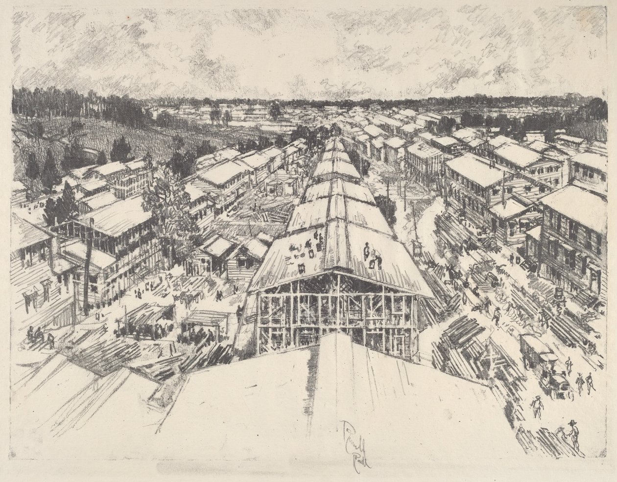 Lägret, den nya arkitekturen, 1917. av Joseph Pennell