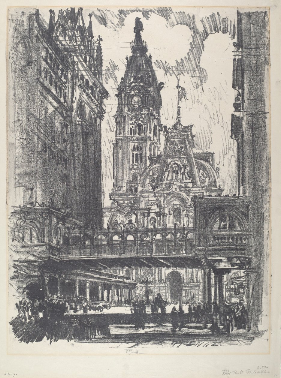 Stadshuset och bron över Market Street av Joseph Pennell