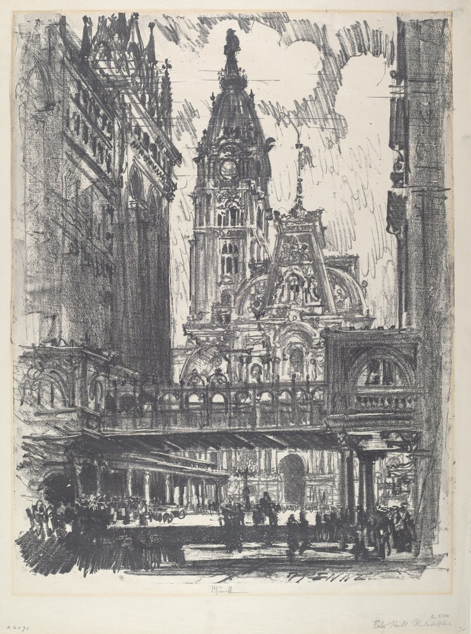 Stadshuset och bron över Market Street, 1912. av Joseph Pennell
