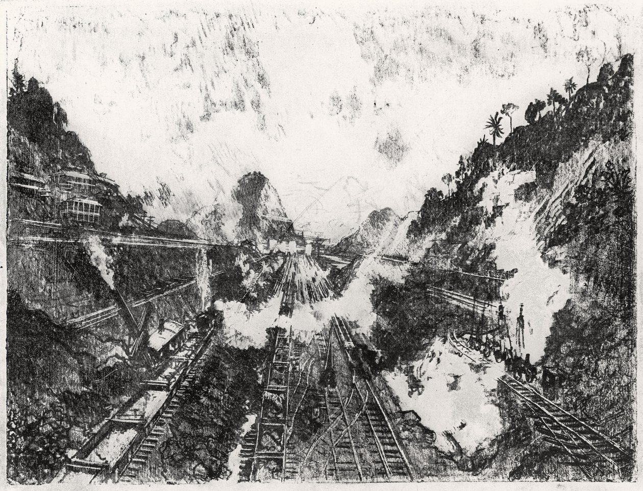 Snittet ser mot Ancon Hill, plåt XVII från Panamakanalen av Joseph Pennell, 1912 (kol på papper) av Joseph Pennell