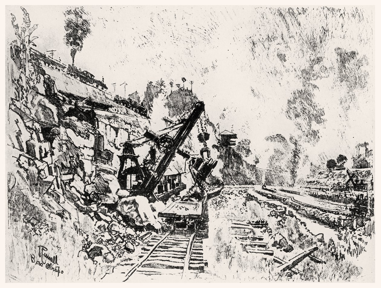 The Cut at Bas Obispo, plåt XI från Panamakanalen av Joseph Pennell, 1912 (kol på papper) av Joseph Pennell