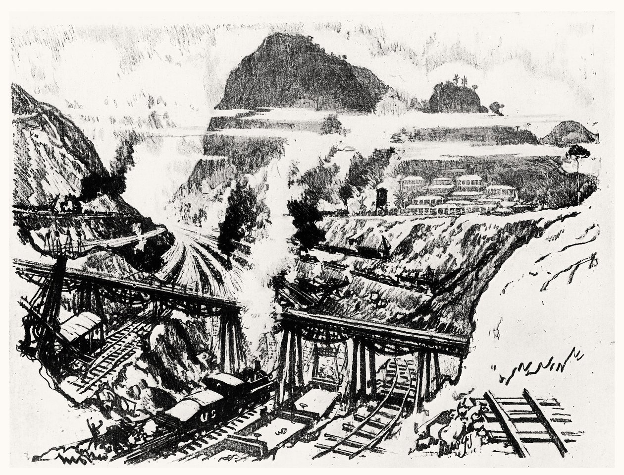 The Cut at Paraiso, plåt XVI från Panamakanalen av Joseph Pennell, 1912 (kol på papper) av Joseph Pennell
