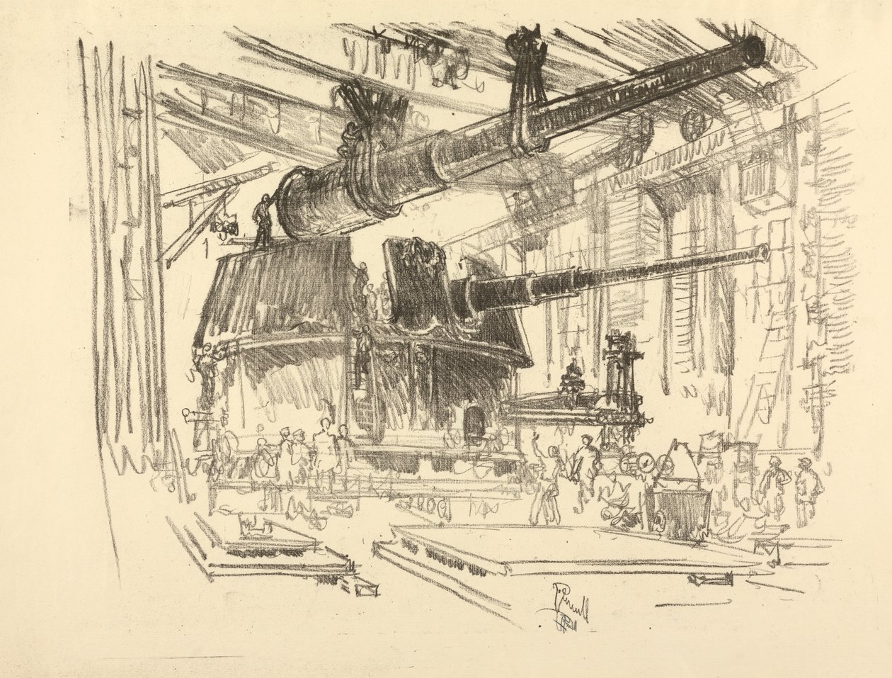 The English War Series: W. 448 Fitting Guns in Turrets av Joseph Pennell
