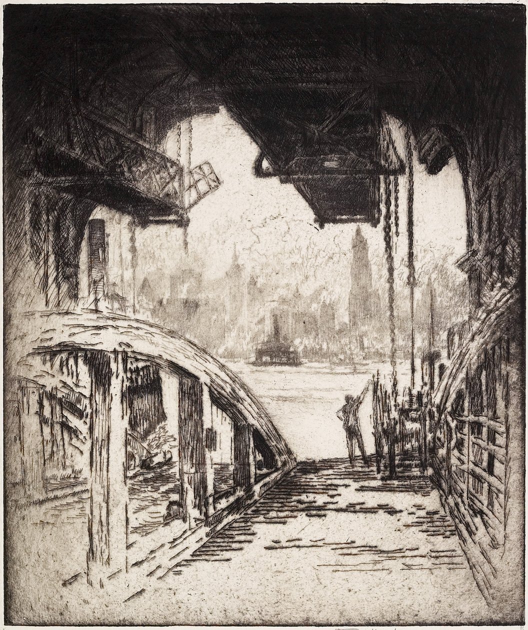 Färjehuset; Cortland Street Ferry från Jersey City Side, 1919 av Joseph Pennell