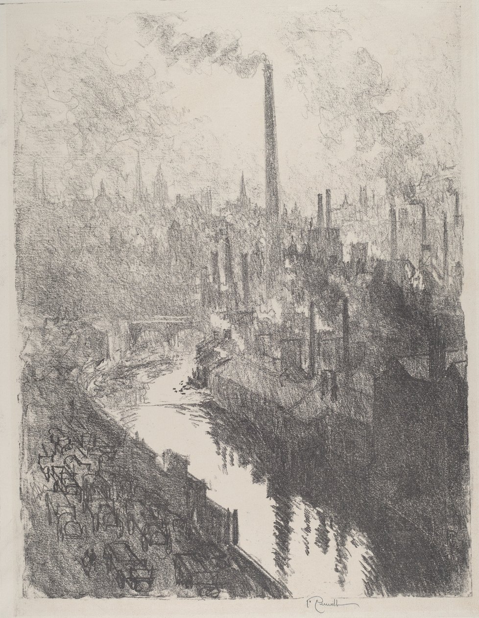 Den stora skorstenen, motorparken, 1916. av Joseph Pennell