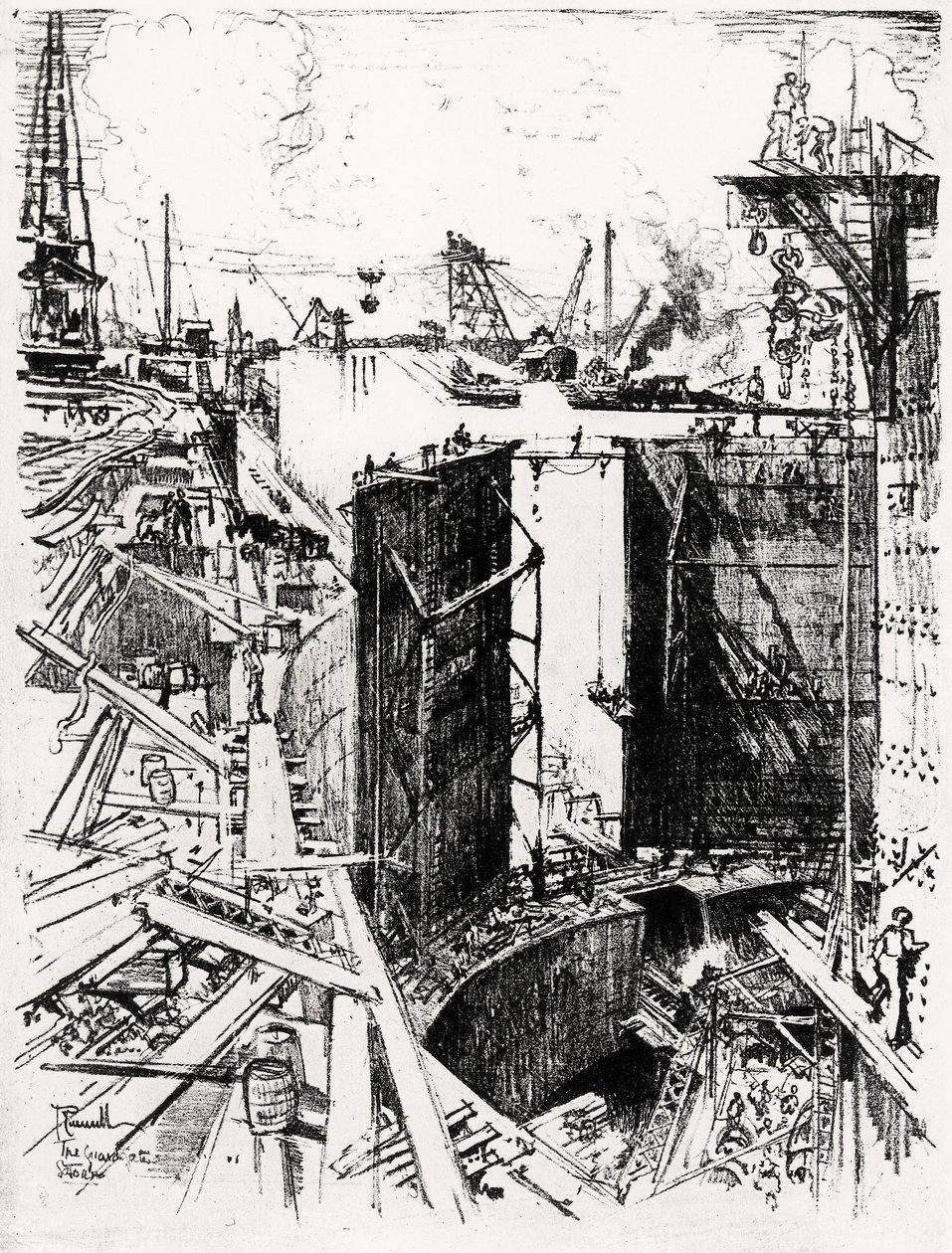 The Guard Gate at Gatun, skylt V från Panamakanalen av Joseph Pennell, 1912 (kol på papper) av Joseph Pennell