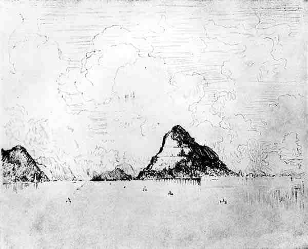 The Mouth of the Canal from the Sea, plåt XXVIII från Panamakanalen av Joseph Pennell, 1912 (kol på papper) av Joseph Pennell