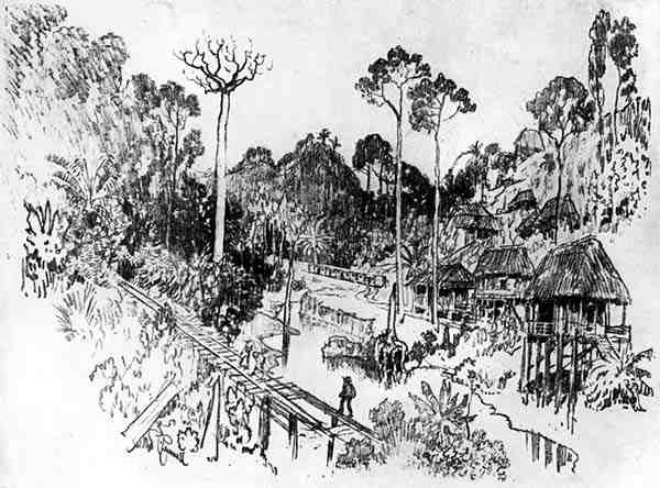The Native Village, skylt IX från Panamakanalen av Joseph Pennell, 1912 (kol på papper) av Joseph Pennell