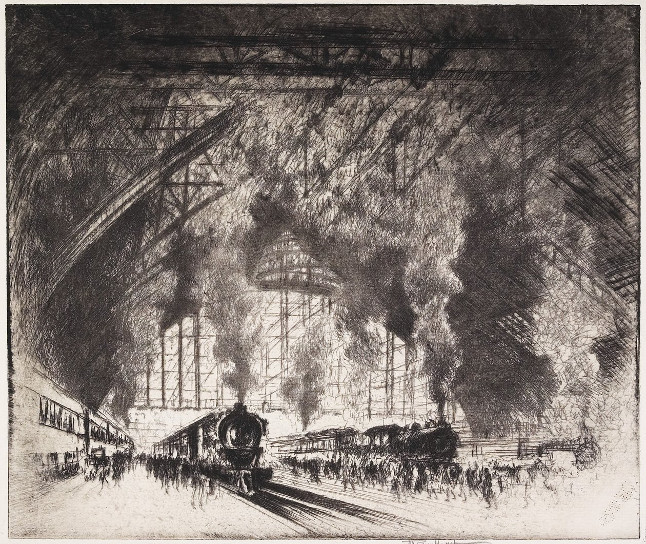 Tågen som kommer och tågen som går, Pennsylvania Railroad, Philadelphia, 1919 av Joseph Pennell