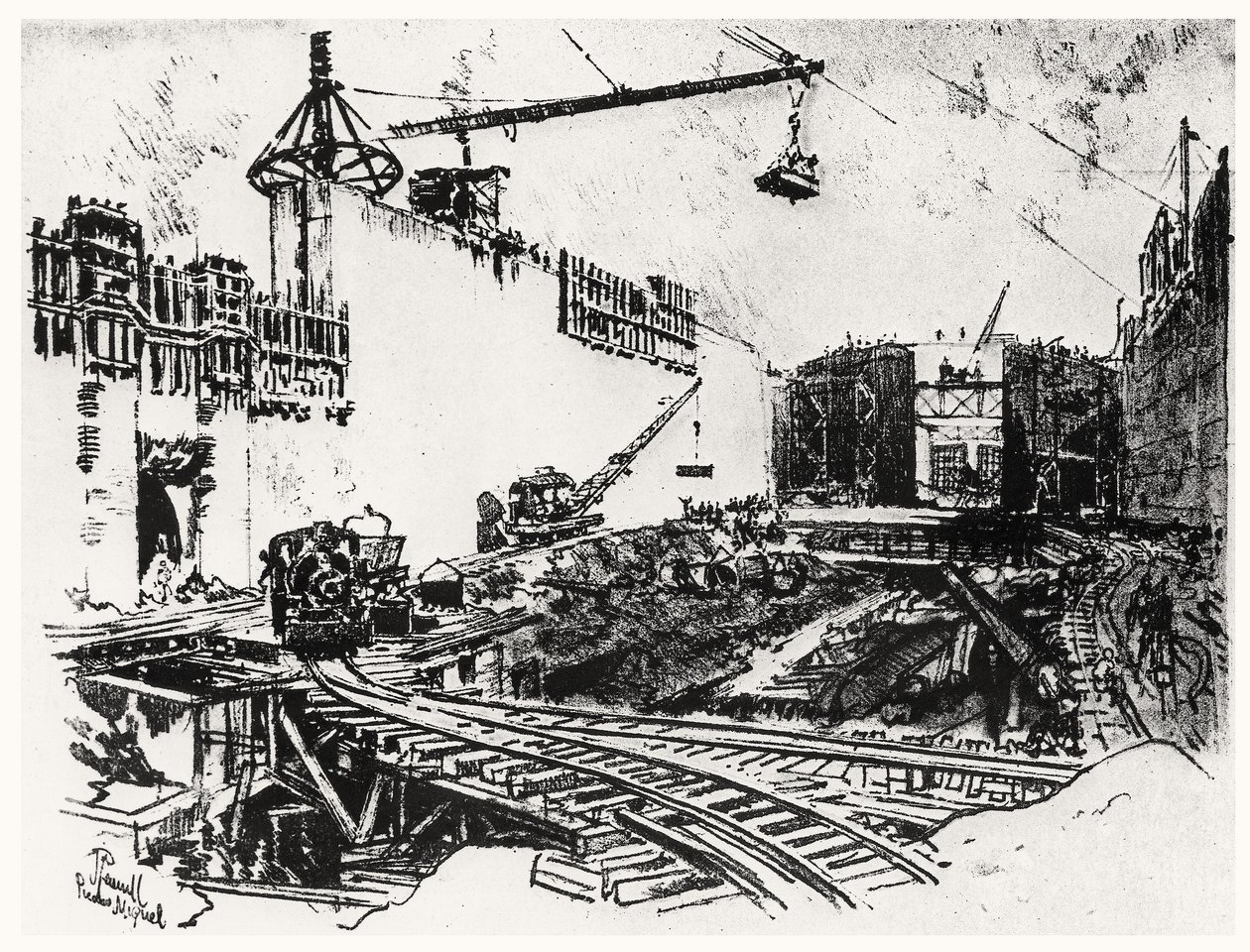 The Walls of Pedron Miguel, plåt XX från Panamakanalen av Joseph Pennell, 1912 (kol på papper) av Joseph Pennell