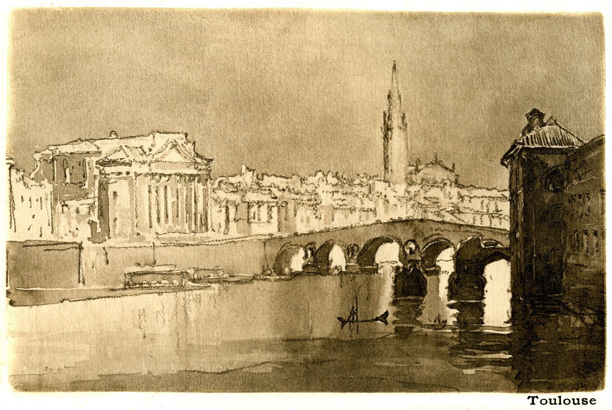 Toulouse, Garonne. Gravyr efter en akvarell av Joseph Pennell (1857-1926) som illustrerar Henry James bok "A little tour in France", Heinemann-utgåvan 1900 (franska titlar: "Voyage en France" och "Un petit tour en Languedoc"). av Joseph Pennell
