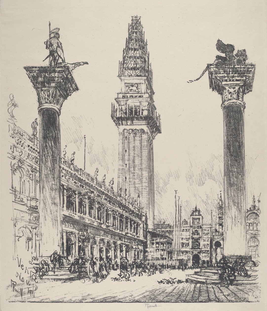 Venedig, återuppbyggnaden av kampanilen av Joseph Pennell