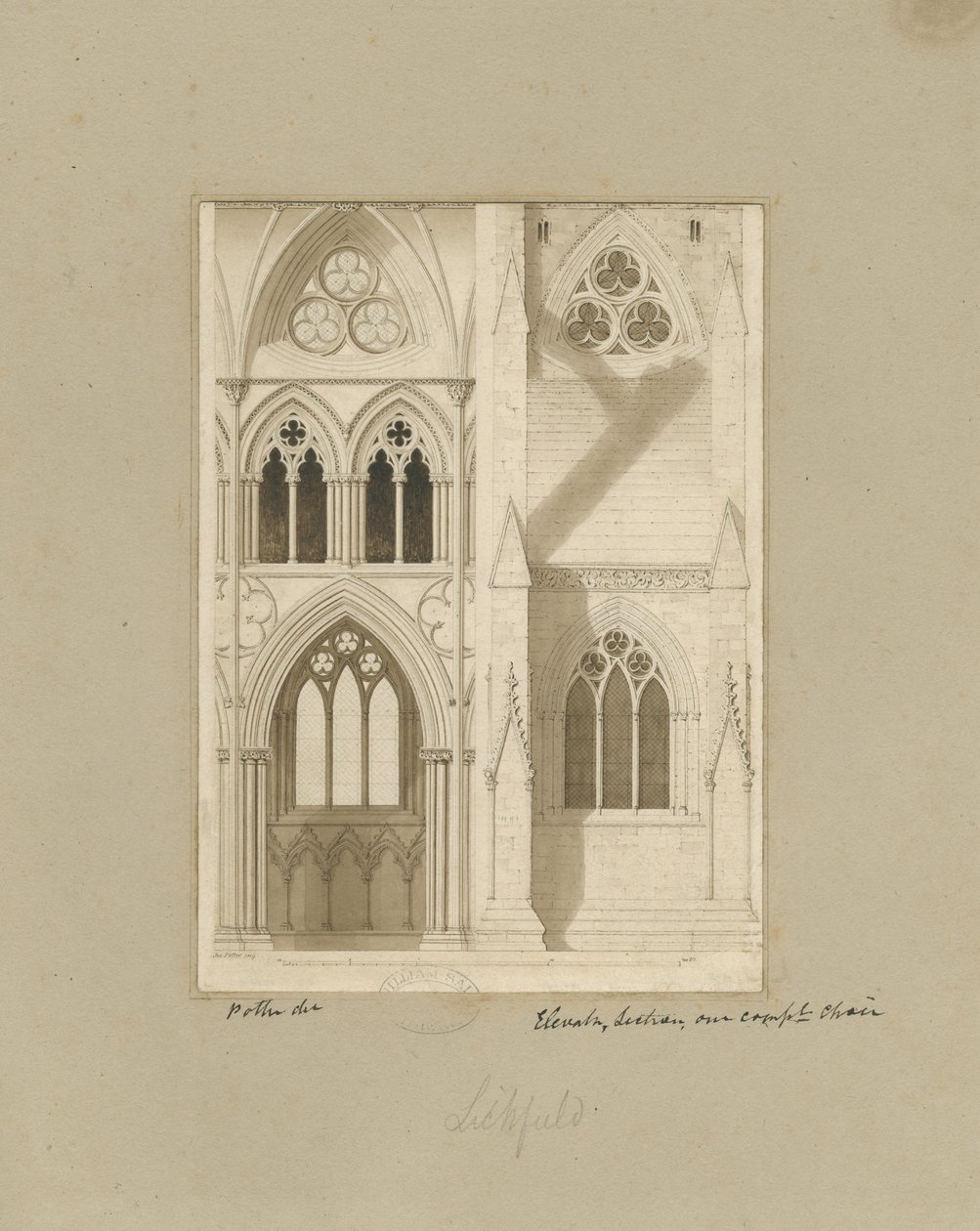 Interiör av Lichfield Cathedral - Nave: sepiateckning av Joseph Potter