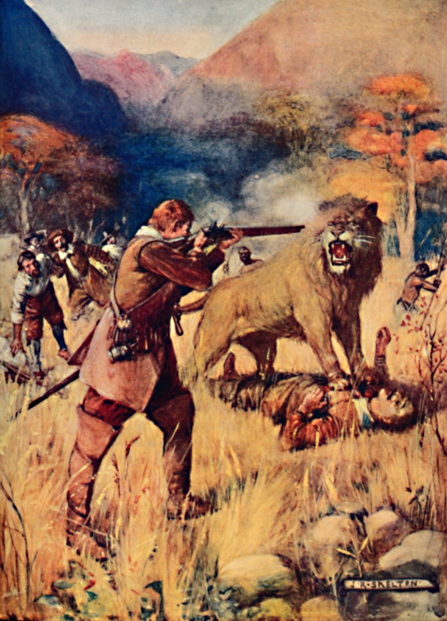 Ett stort lejon kom över en av männen, 1909 av Joseph Ratcliffe Skelton