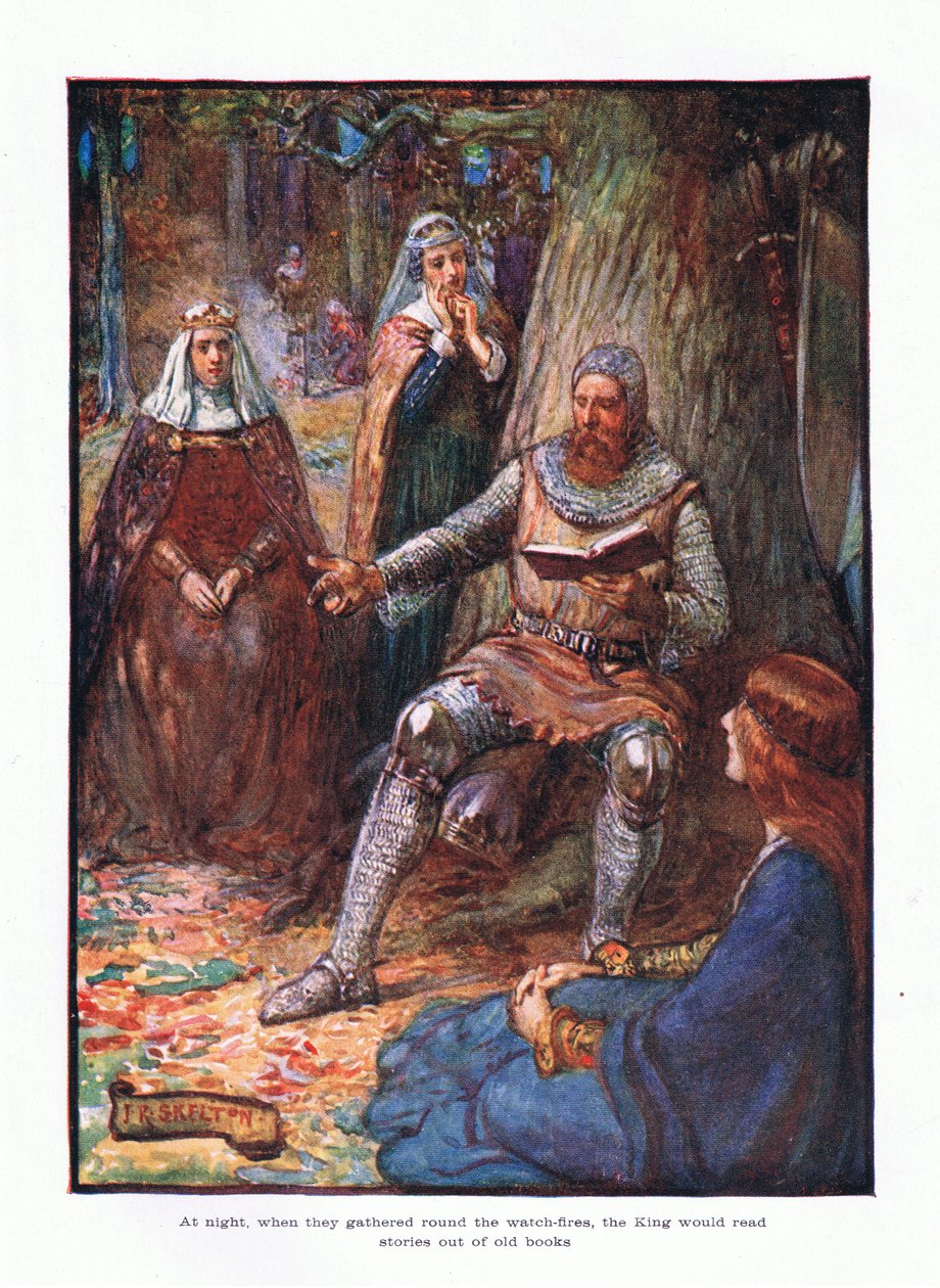 På natten när de samlades runt eldarna, läste kungen berättelser ur gamla böcker., 1910 av Joseph Ratcliffe Skelton