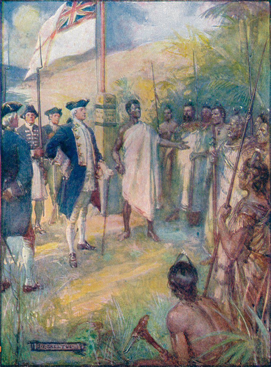 Cook berättade för maorierna att han hade kommit för att sätta ett märke på deras öar, c1908, c1920. av Joseph Ratcliffe Skelton