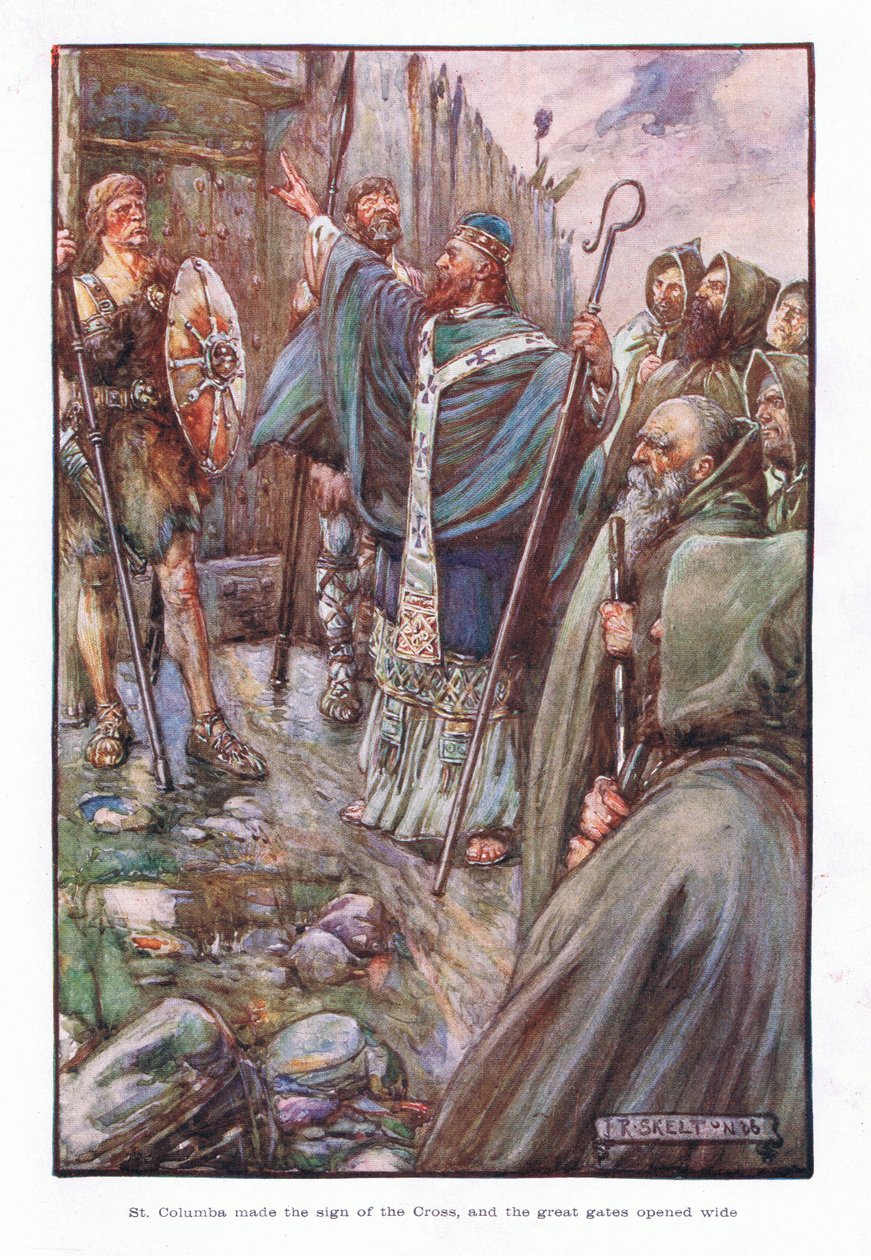 St Columba gjorde korstecknet, och de stora portarna öppnades på vid gavel, 1910 av Joseph Ratcliffe Skelton