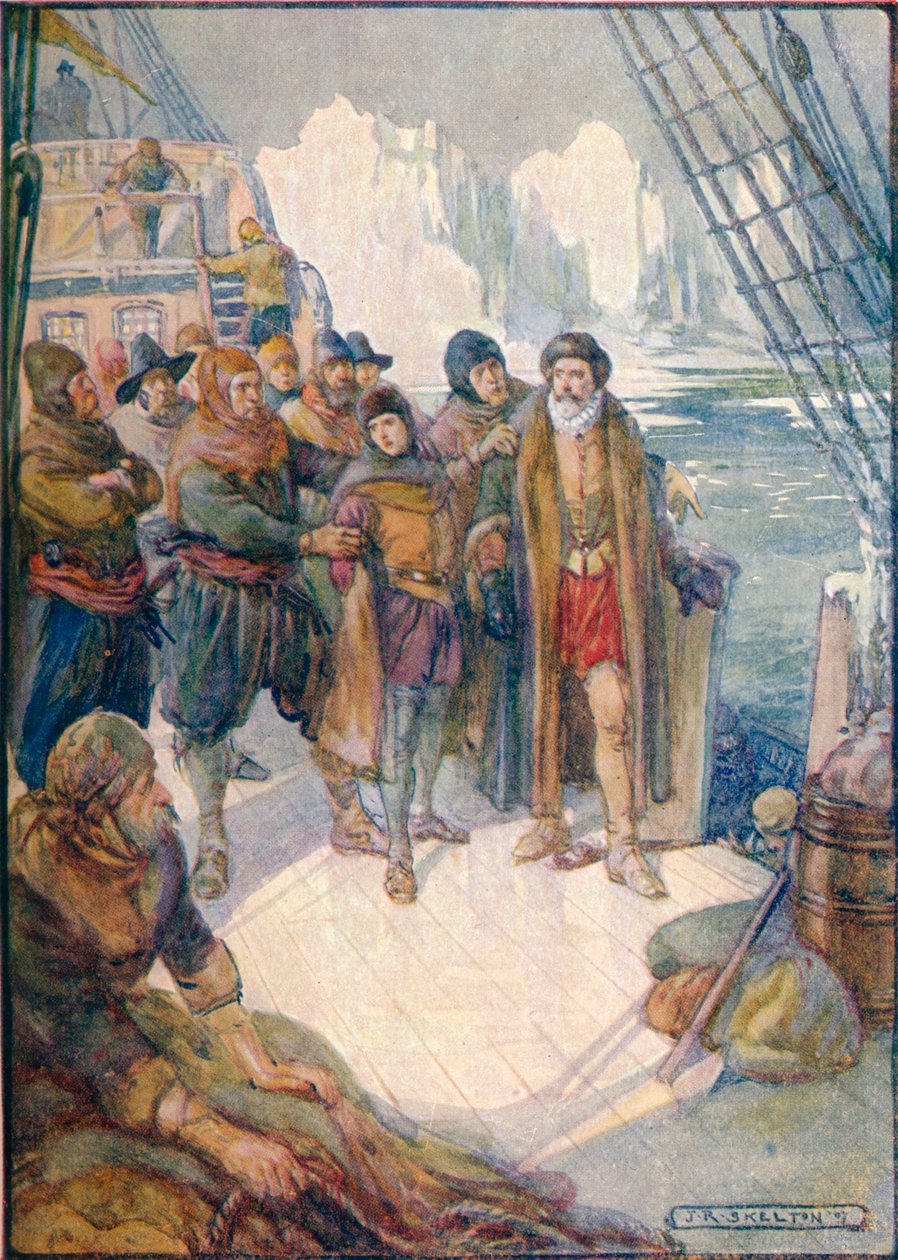 Dessa grymma män menade att vända Hudson i drift på det isiga vattnet, 1907, c1920 av Joseph Ratcliffe Skelton