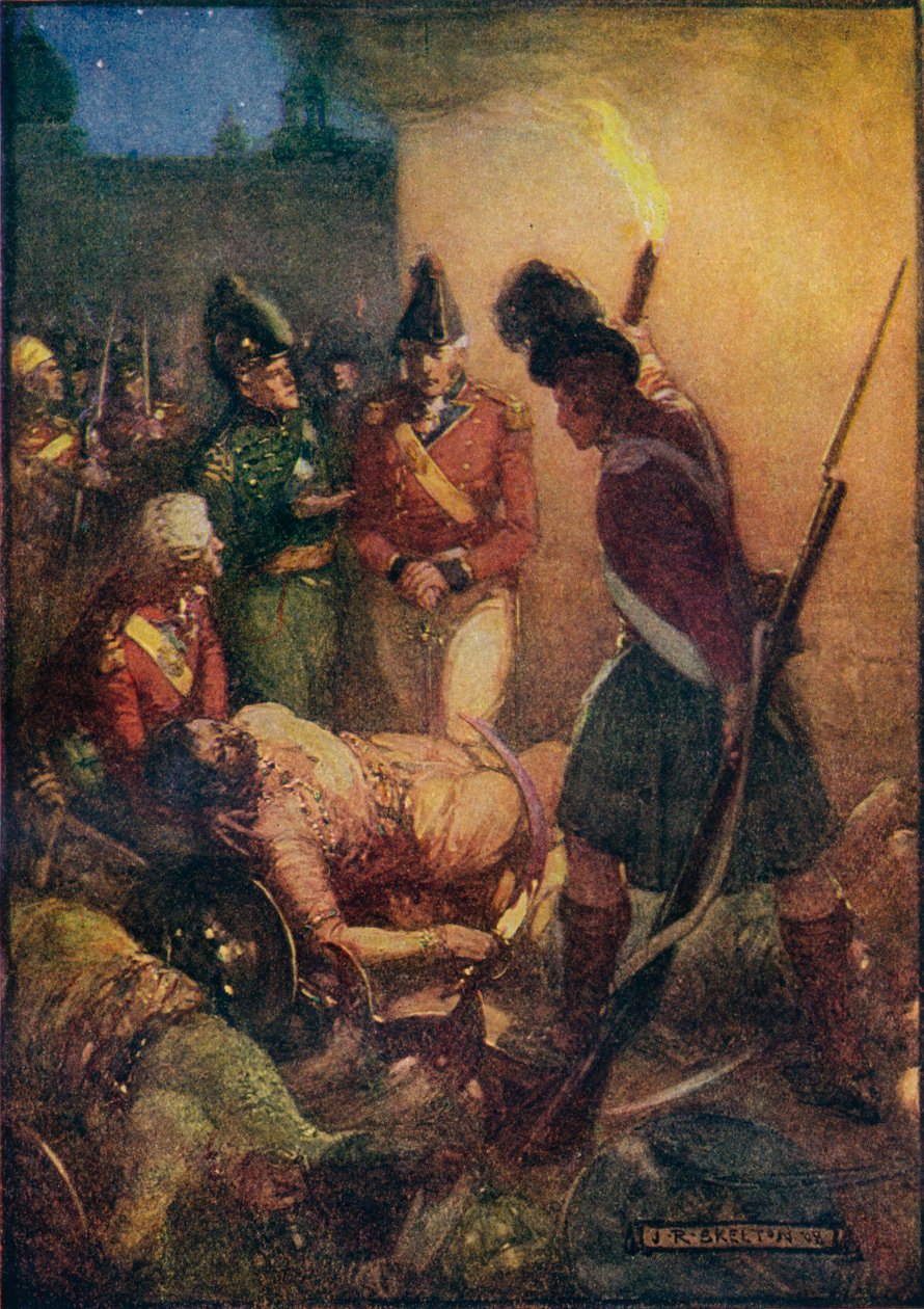 Tippoo Sultans kropp hittades begravd under de av hans anhängare, 1908, c1920. av Joseph Ratcliffe Skelton