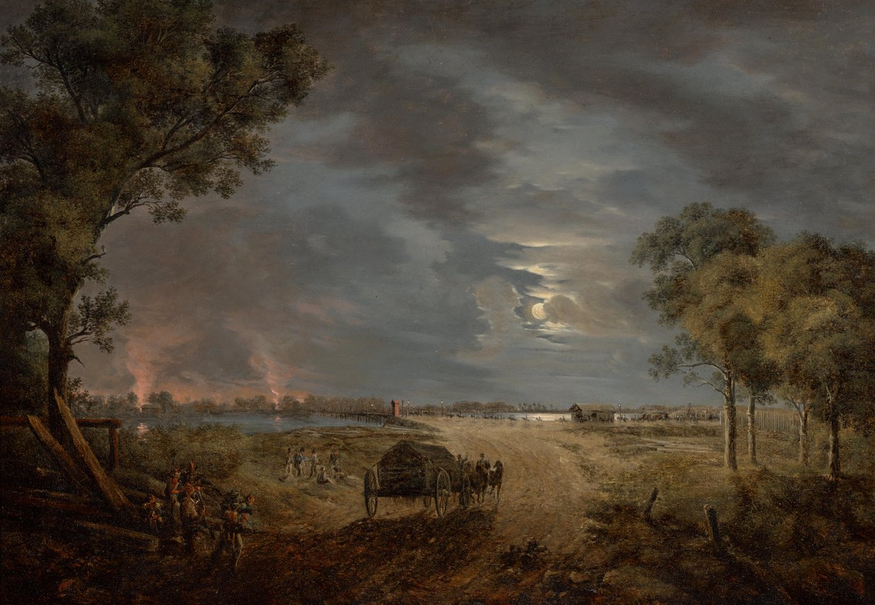 Vy över den franska arméns övergångsbro in i Lobau (nattstycke med månsken) av Joseph Rebell
