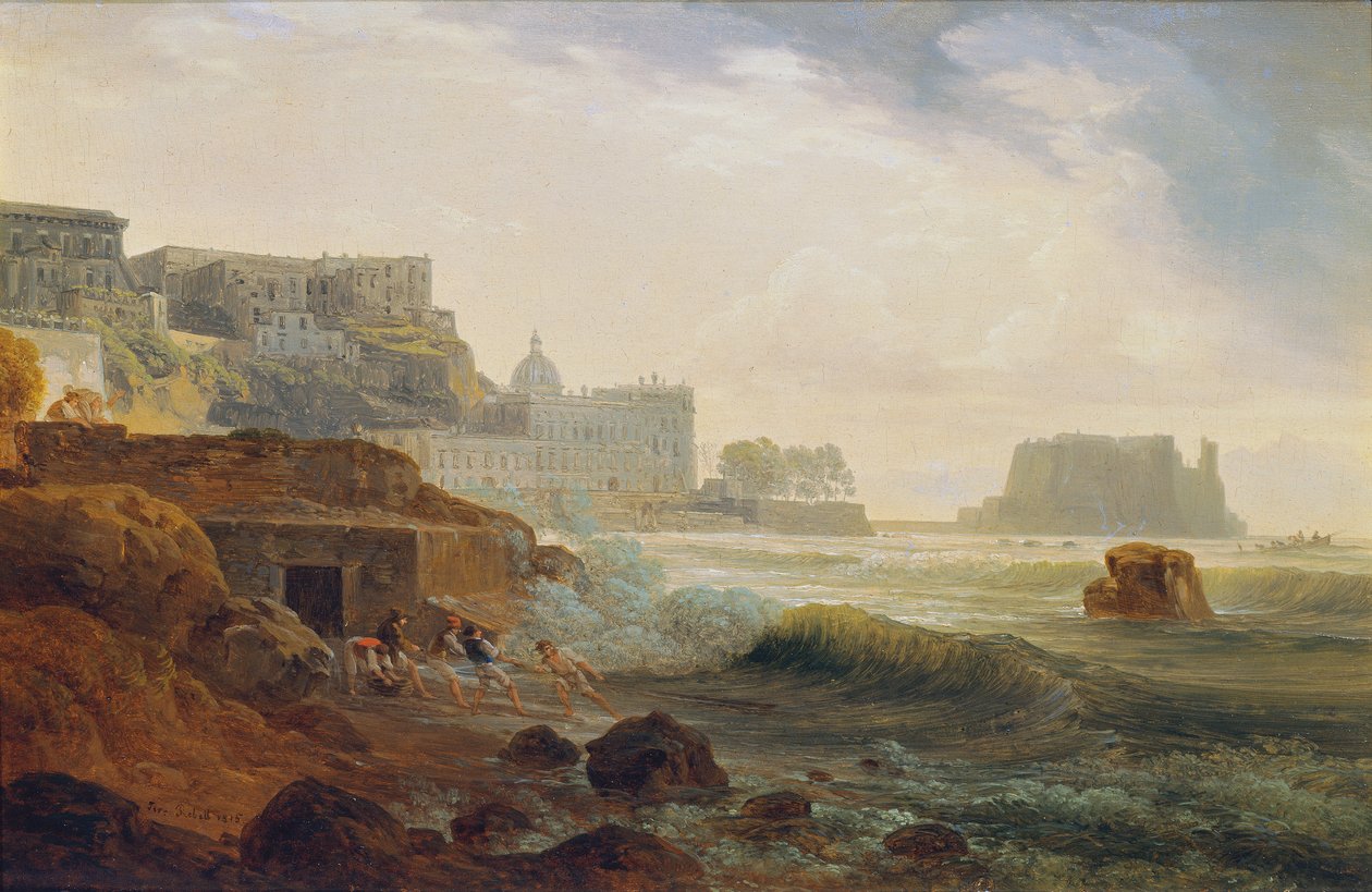 Kust nära Neapel med ett fort och fiskare som drar ett nät av Joseph Rebell