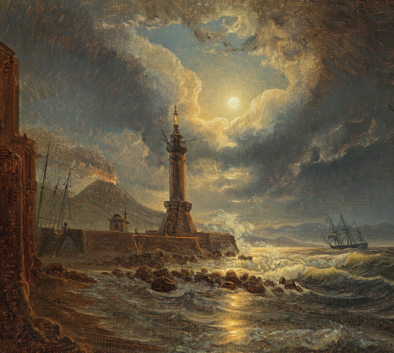 Fyr i hamnen i Neapel vid månsken av Joseph Rebell