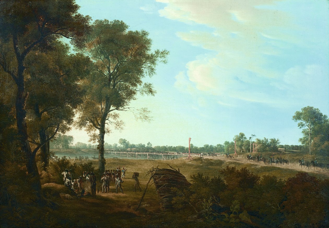 Scen från Napoleonkrigen: Början av brohuvudet i Lobau av Joseph Rebell