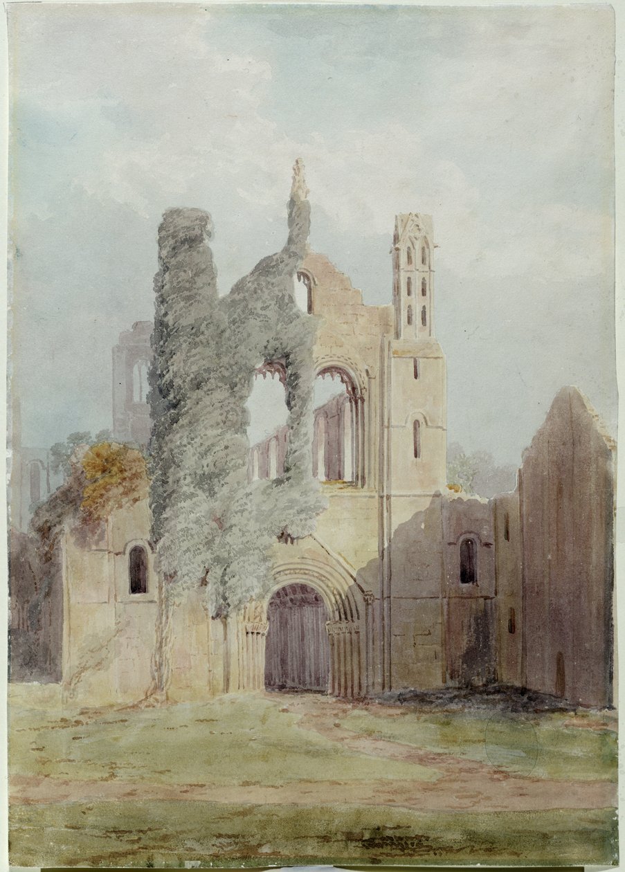 Kirkstall Abbey från västfronten (akvarell på papper) av Joseph Rhodes