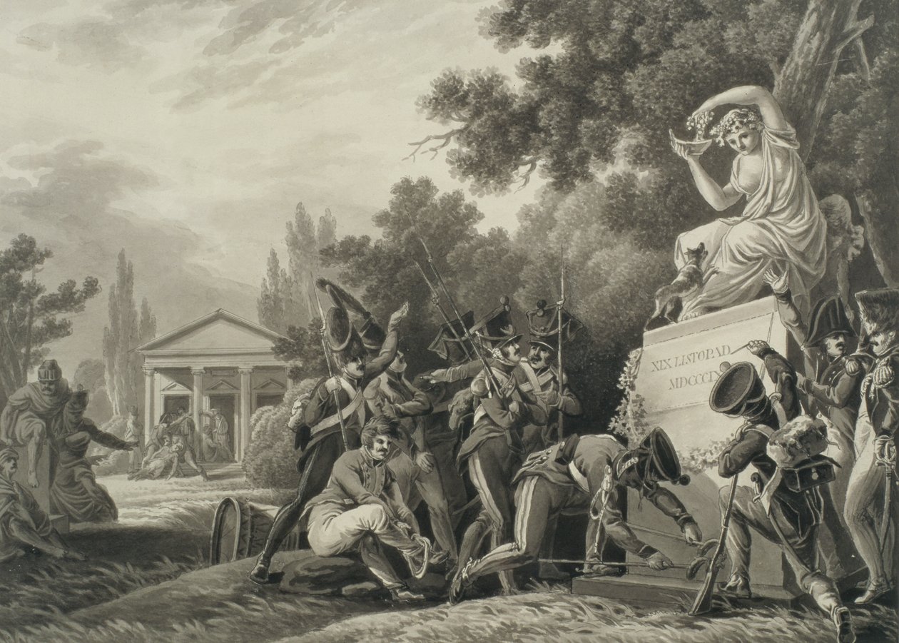 Soldater som hyllar Isabelle Czartoryski (1746-1835) (pensel och bläck på papper) av Joseph Richter