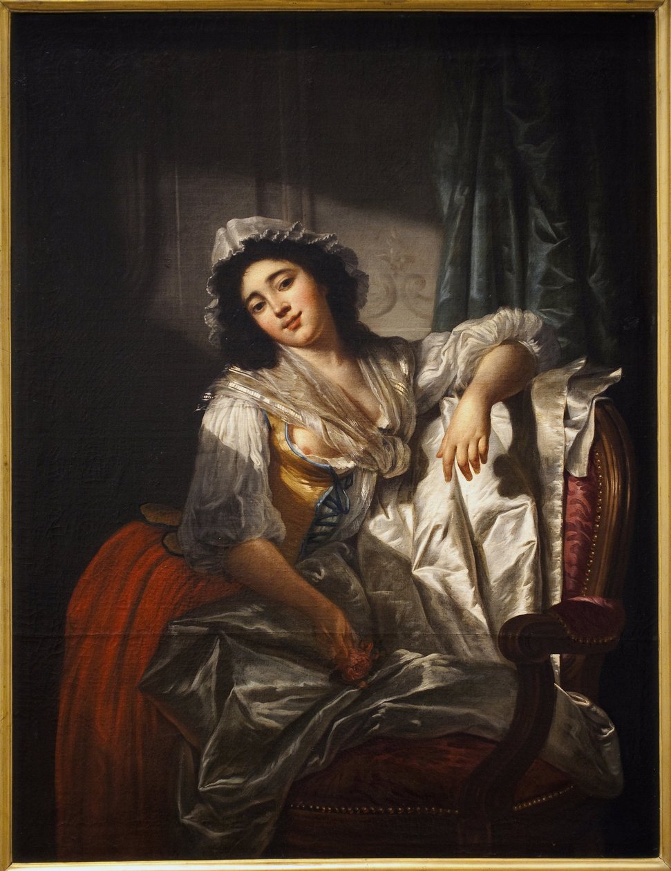Porträtt av Madame Sermet eller rosen och knappen. Målning av Joseph Roques (1754-1847), olja på duk omkring 1788. Fransk konst av Joseph Roques