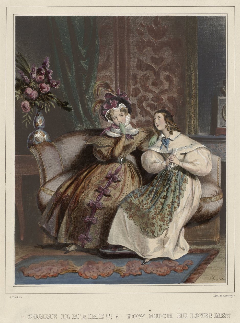 Kvinnorna. Trendigt galleri, ca. 1830: Hur han älskar mig!!! (...) av Joseph Rose Lemercier