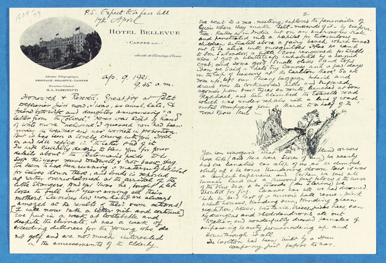 Autografbrev till överste H. W. Feilden, Hotel Bellvue Cannes, 9 april av Joseph Rudyard Kipling