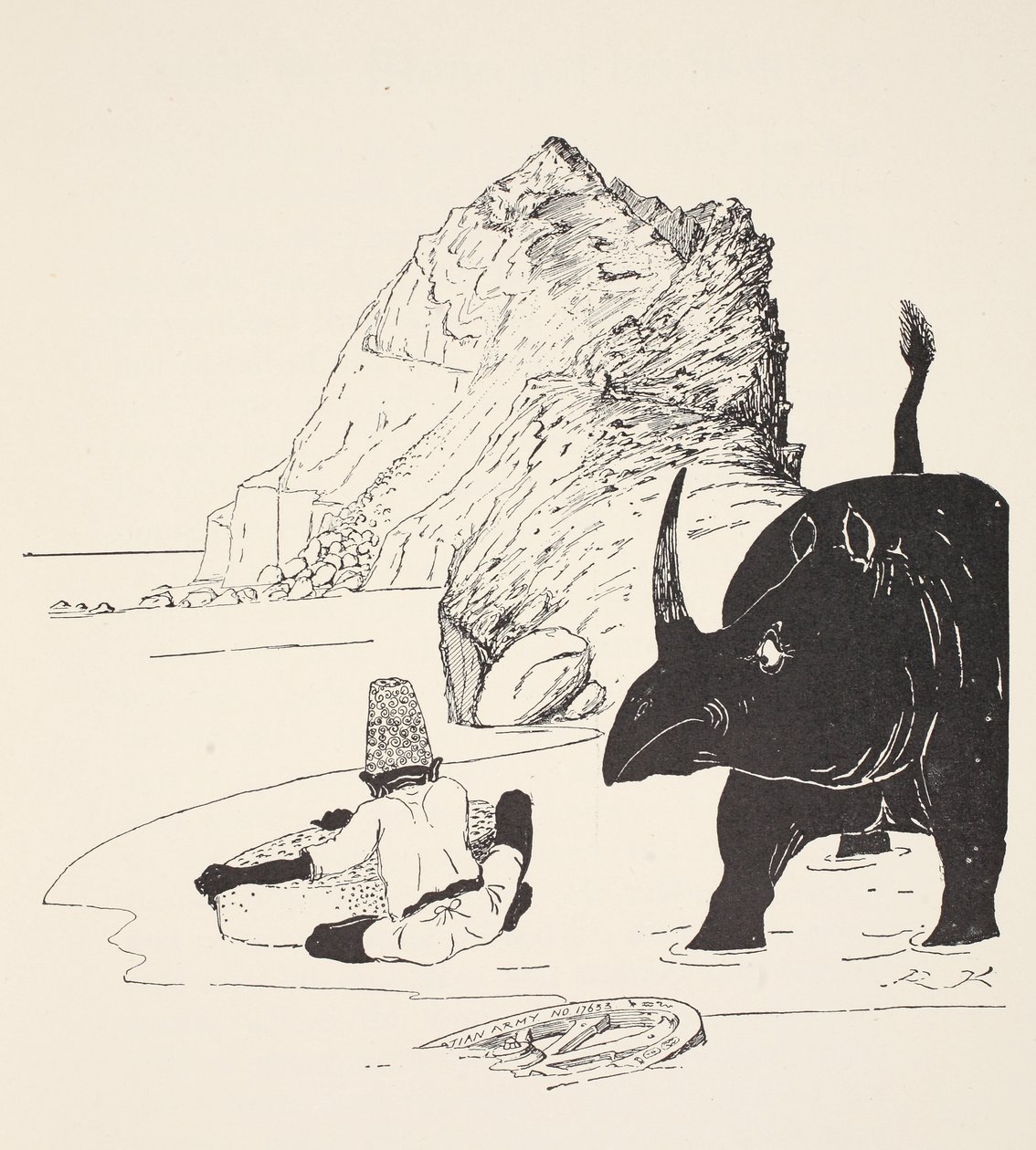 Parsee börjar äta sin kaka på den obebodda ön, illustration från "Just So Stories for Little Children" av Rudyard Kipling, pub. London, 1951 av Joseph Rudyard Kipling