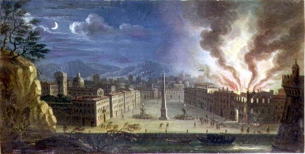 En piazza i en italiensk hamn med en byggnad som brinner på natten av Joseph Ruiz
