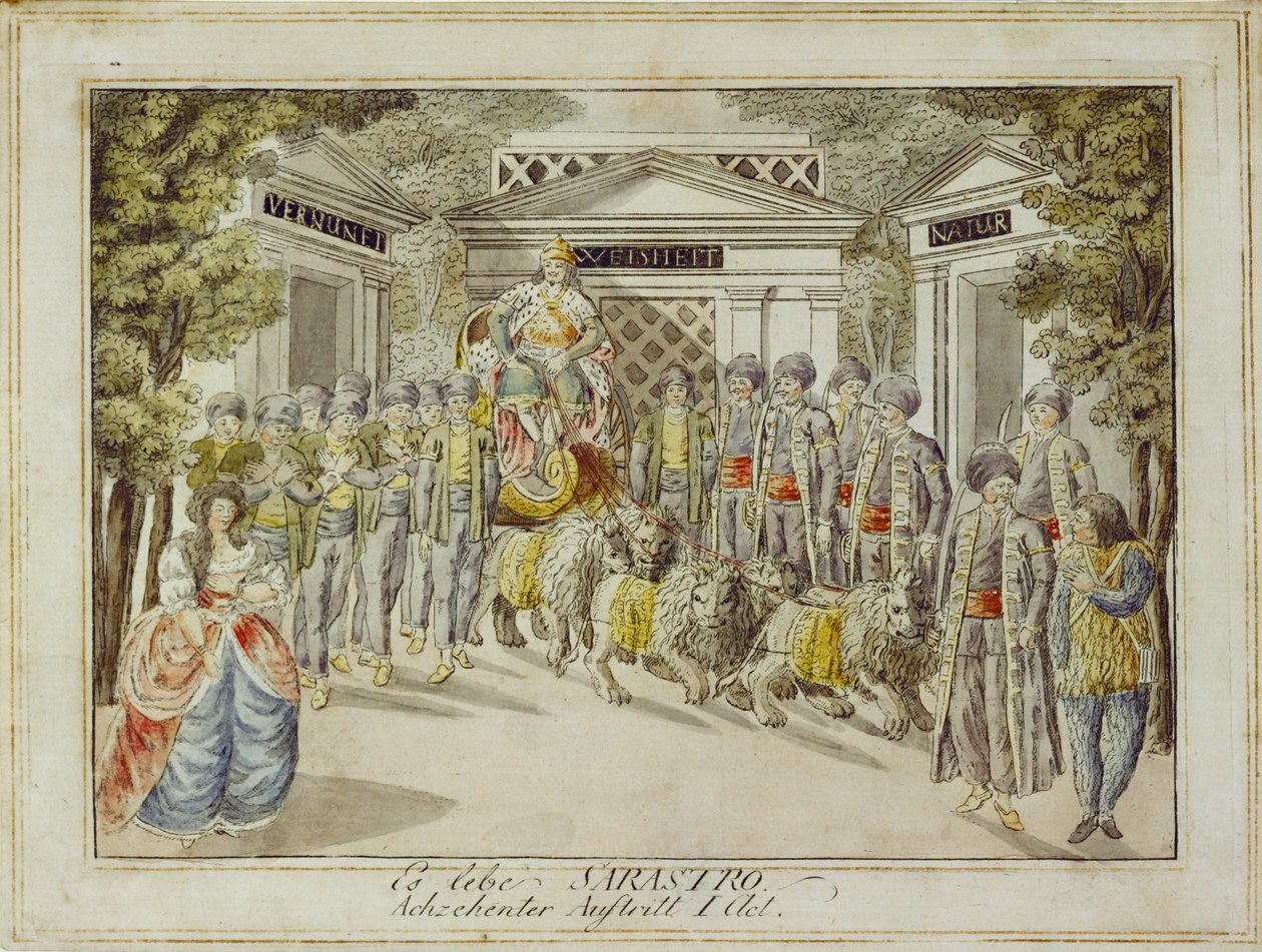 Sarastro anländer på sin vagn ... (gravyr) av Joseph Schaffer