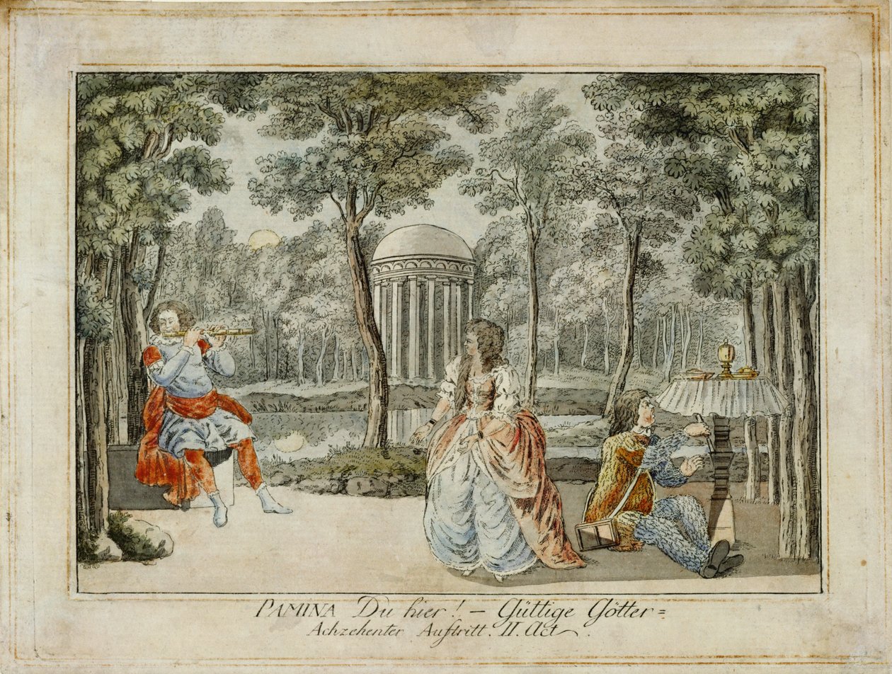 Tamino, Pamina och Papageno ... (gravyr) av Joseph Schaffer