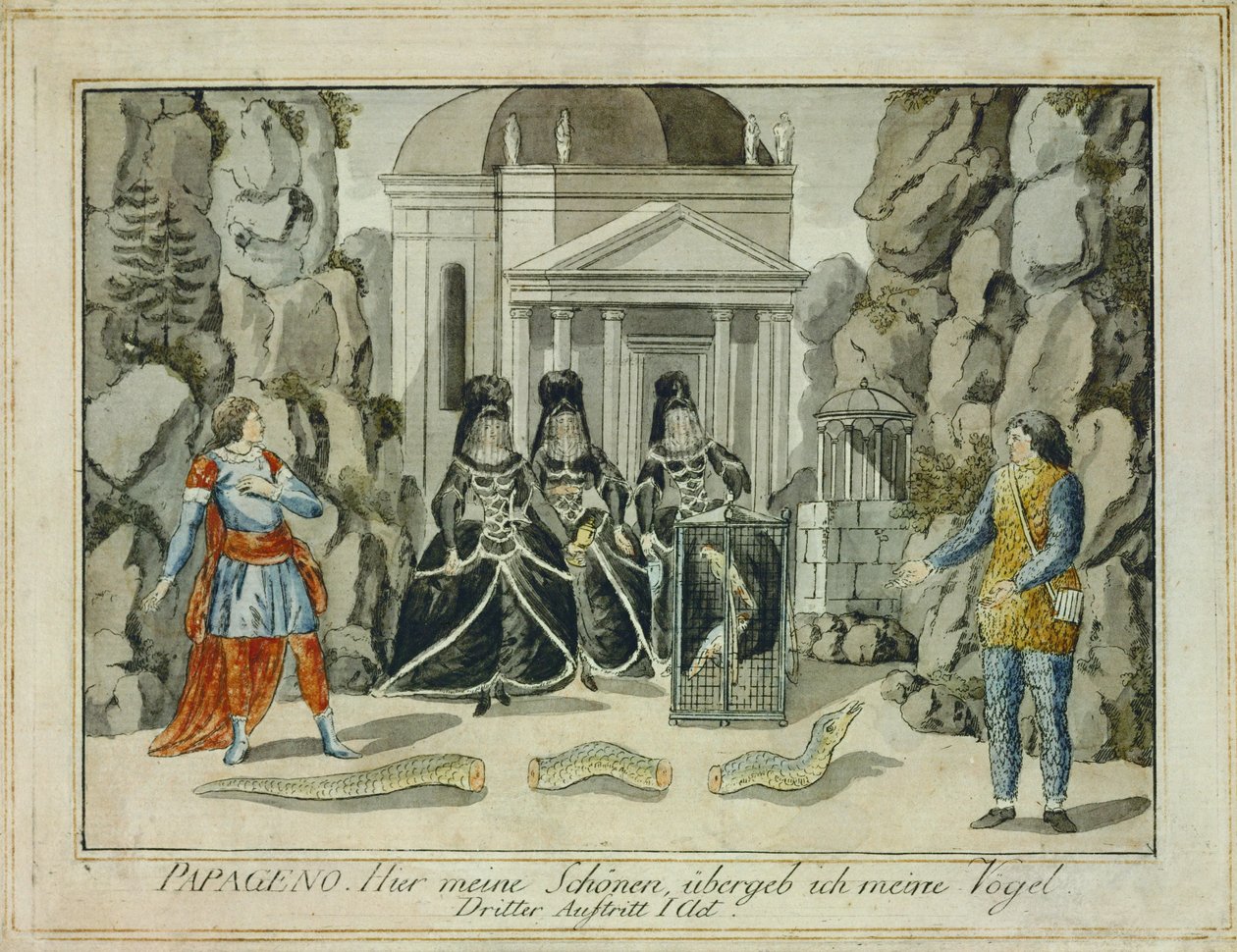 Tamino och Papageno med de tre damerna ... (gravyr) av Joseph Schaffer
