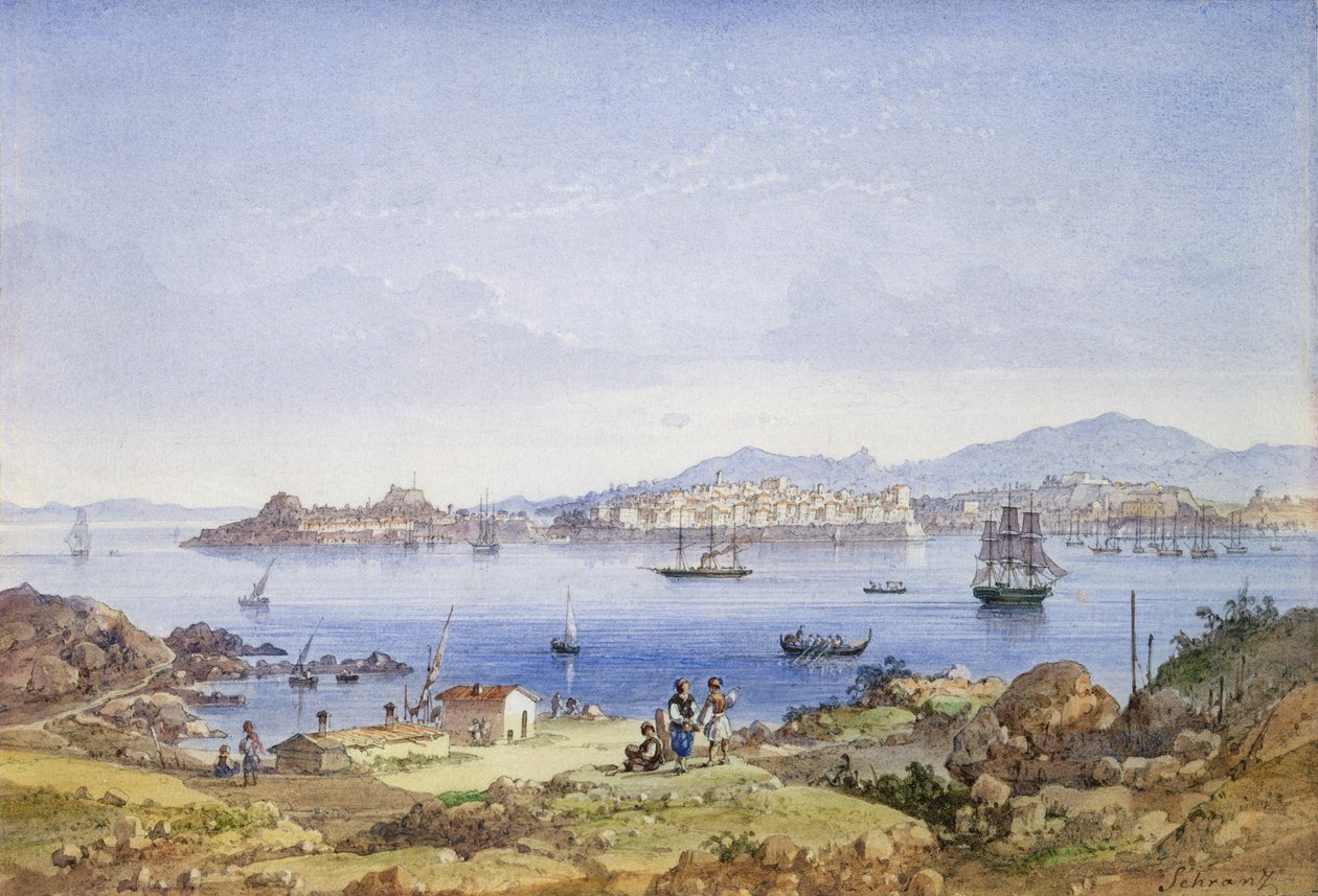 Korfu från ön Vido, ca 1845 (wc över penna på papper) av Joseph Schranz
